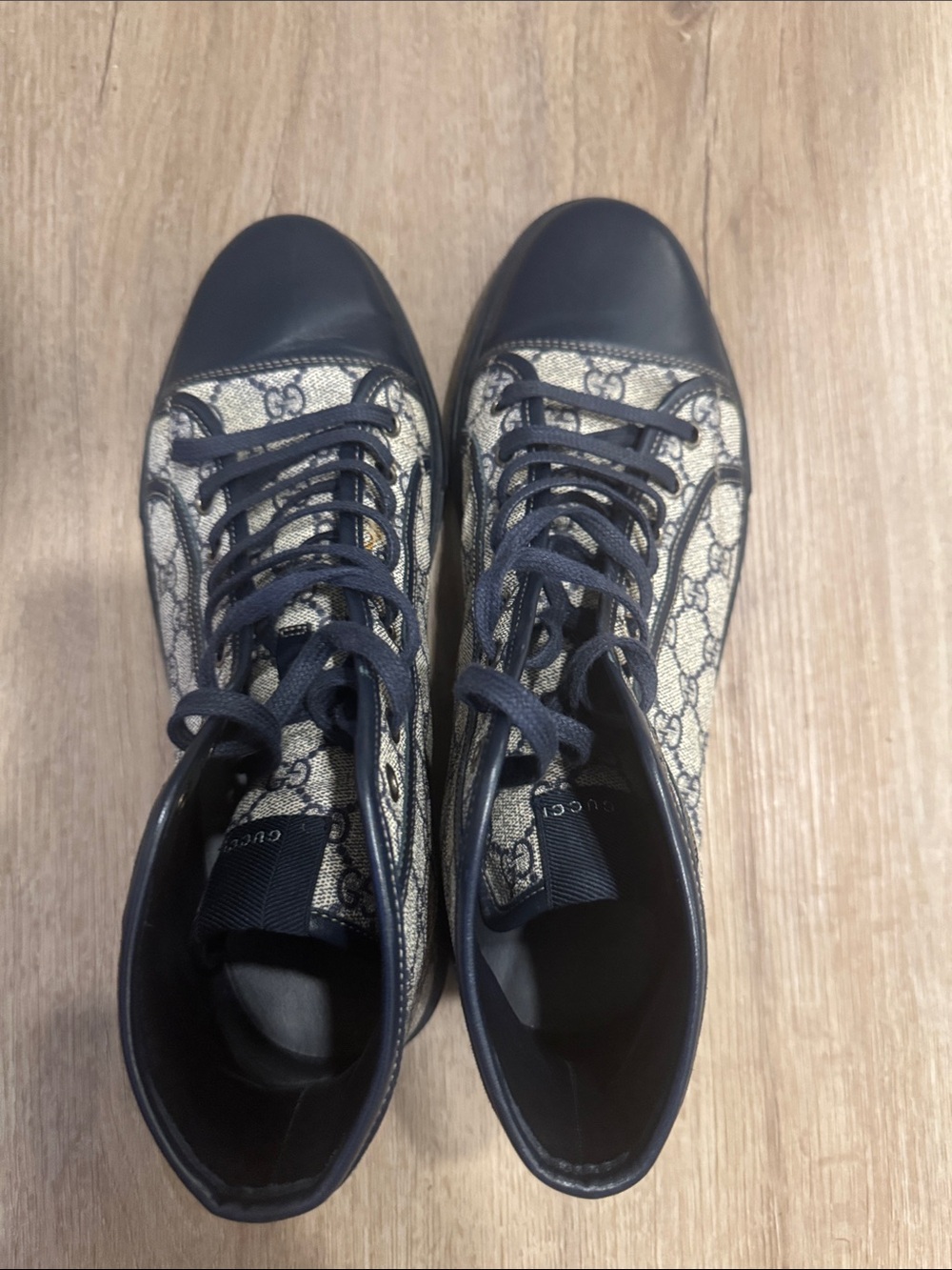 Gucci Men’s GG Monogram High-Top Sneakers in Beige and Navy - Picture 2 of 14